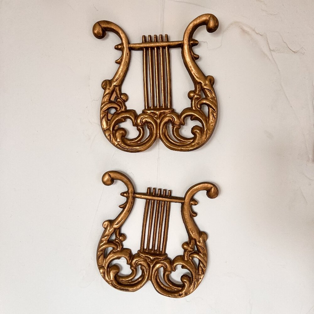 Florentine Vintage Rococo Baroque Bronze Gold Metal Harp Wall Decor - Set of 2